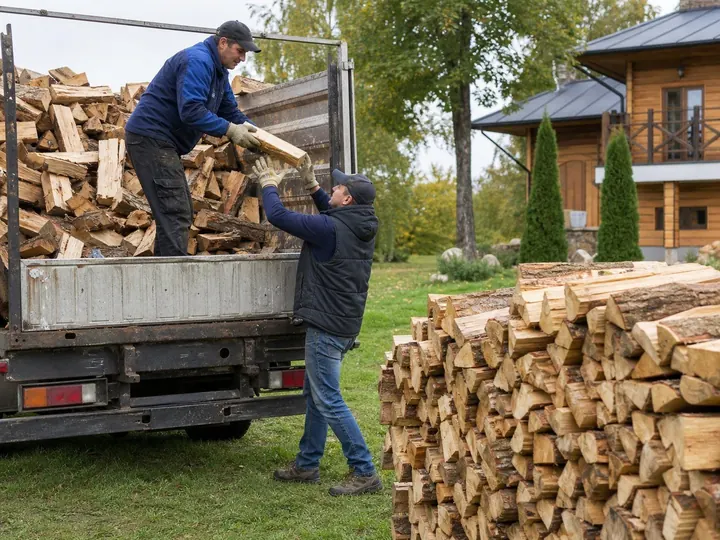 Разгрузка в дровник с раскладкой рядами в Троицке